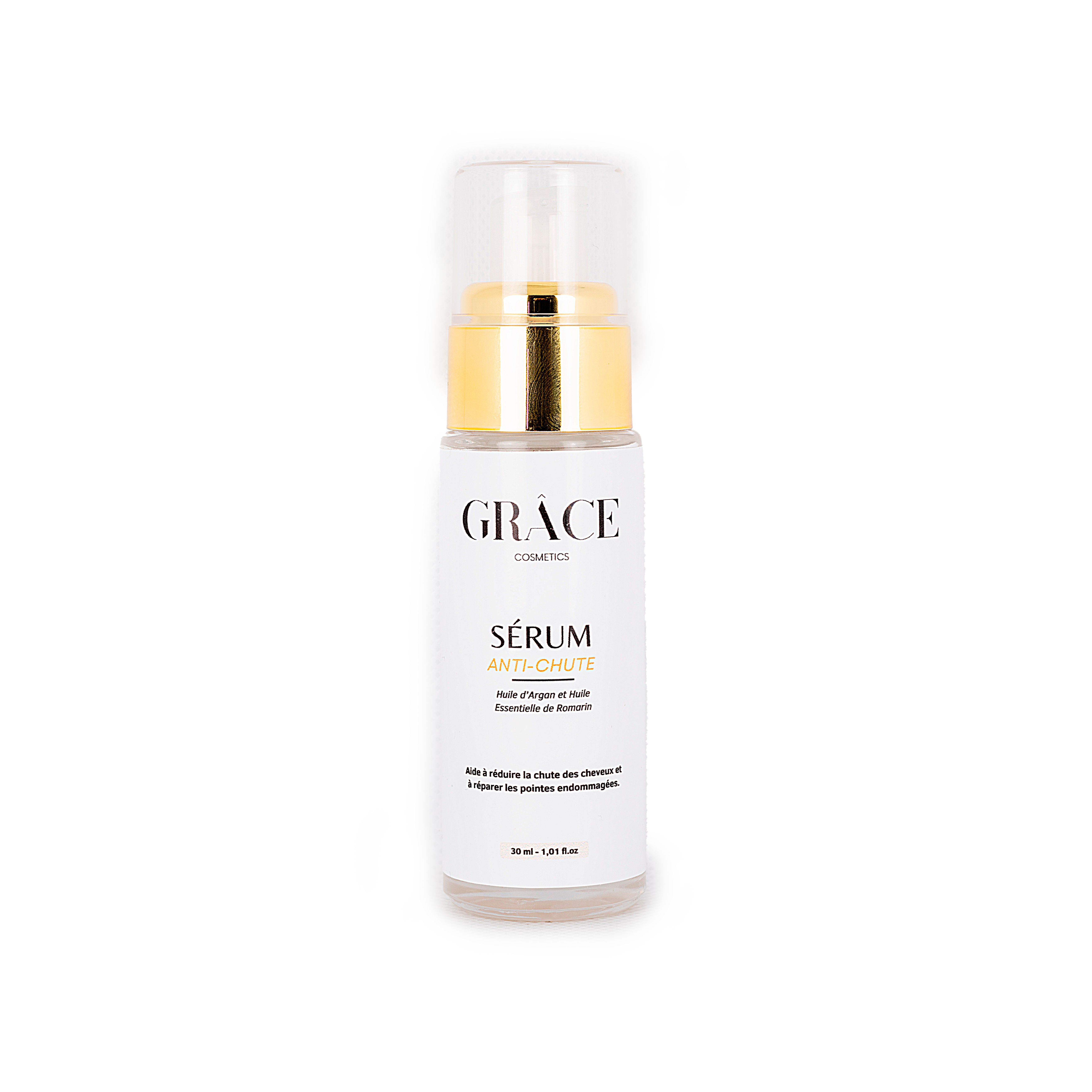 Sérum anti-chute pour cheveux texturés de Grâce Cosmetics, renforçant, stimulant la croissance et protégeant contre la chute avec des ingrédients naturels.